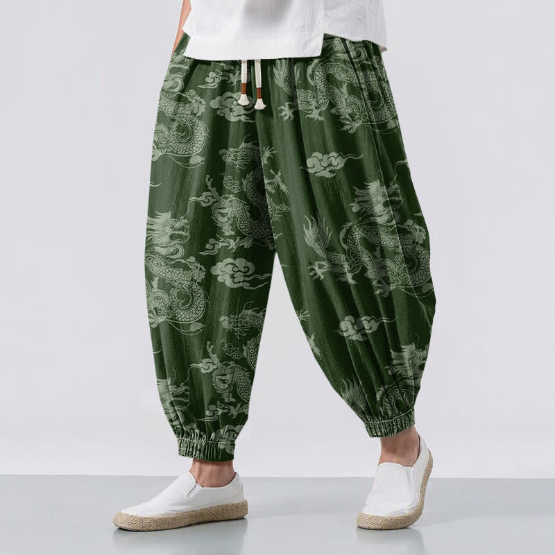 Buddha Stones Pantalon harem pour homme en pur coton, motif nuages ​​et dragons, cordon de serrage et poches - Vert forêt - US/UK/AU50，EU60 (5XL) - image 6