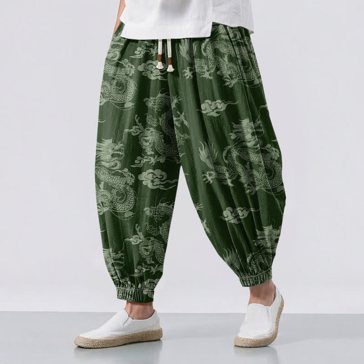 Buddha Stones Pantalon harem pour homme en pur coton, motif nuages ​​et dragons, cordon de serrage et poches - Vert forêt - US/UK/AU50，EU60 (5XL) - image 6