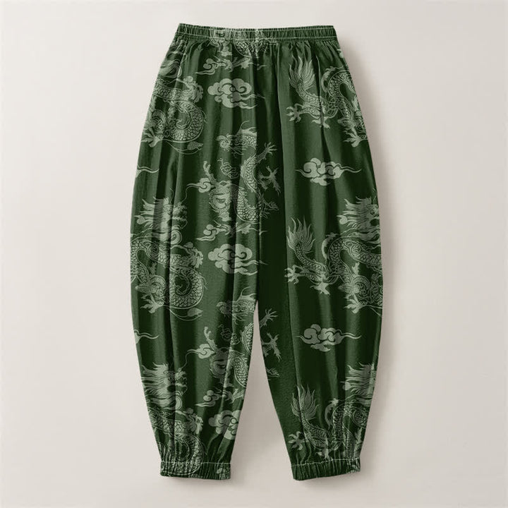 Buddha Stones Pantalon harem pour homme en pur coton, motif nuages ​​et dragons, cordon de serrage et poches - image 8