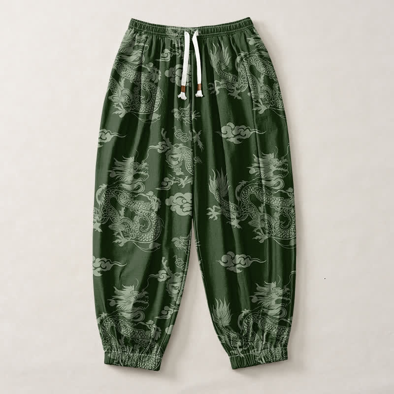 Buddha Stones Pantalon harem pour homme en pur coton, motif nuages ​​et dragons, cordon de serrage et poches - image 7
