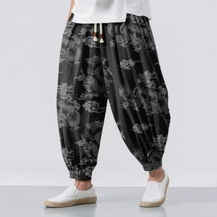 Buddha Stones Pantalon harem pour homme en pur coton, motif nuages ​​et dragons, cordon de serrage et poches - Noir - US/UK/AU50，EU60 (5XL) - image 12