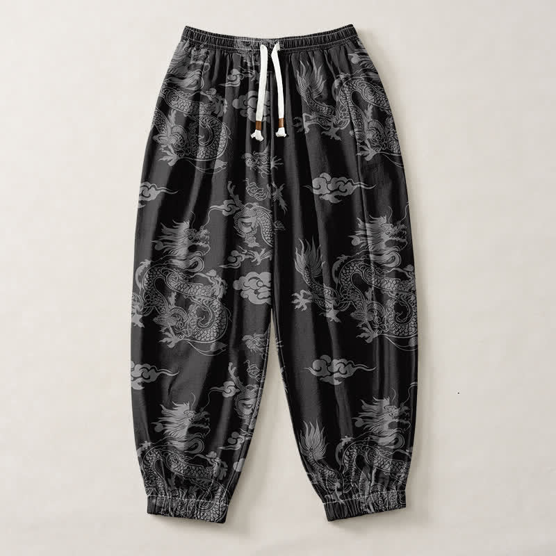 Buddha Stones Pantalon harem pour homme en pur coton, motif nuages ​​et dragons, cordon de serrage et poches - image 13