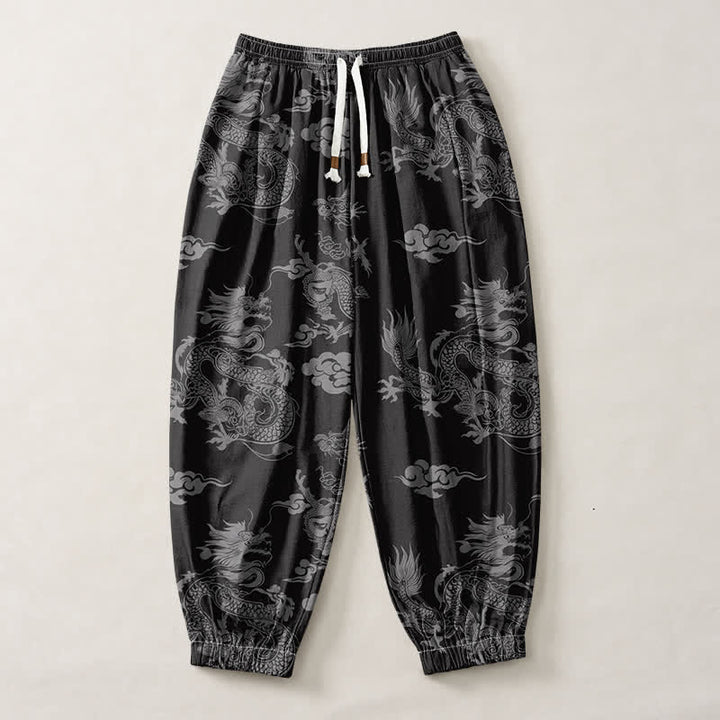Buddha Stones Pantalon harem pour homme en pur coton, motif nuages ​​et dragons, cordon de serrage et poches - image 13