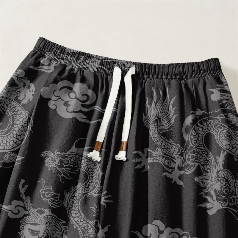 Buddha Stones Pantalon harem pour homme en pur coton, motif nuages ​​et dragons, cordon de serrage et poches - image 15