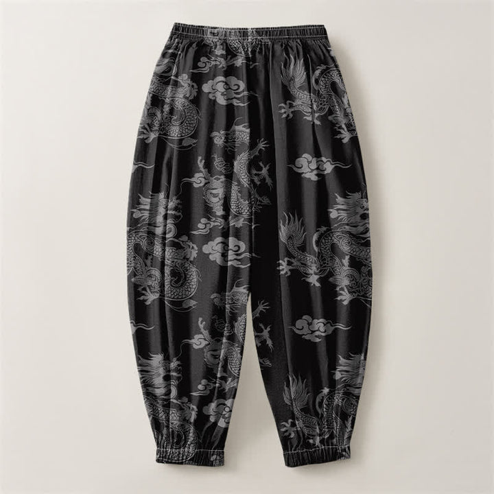 Buddha Stones Pantalon harem pour homme en pur coton, motif nuages ​​et dragons, cordon de serrage et poches - image 14