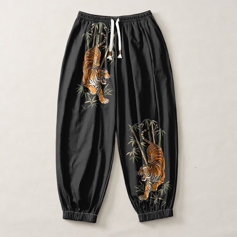 Buddha Stones Pantalon harem pour homme en pur coton, motif tigre et bambou, cordon de serrage et poches - image 1