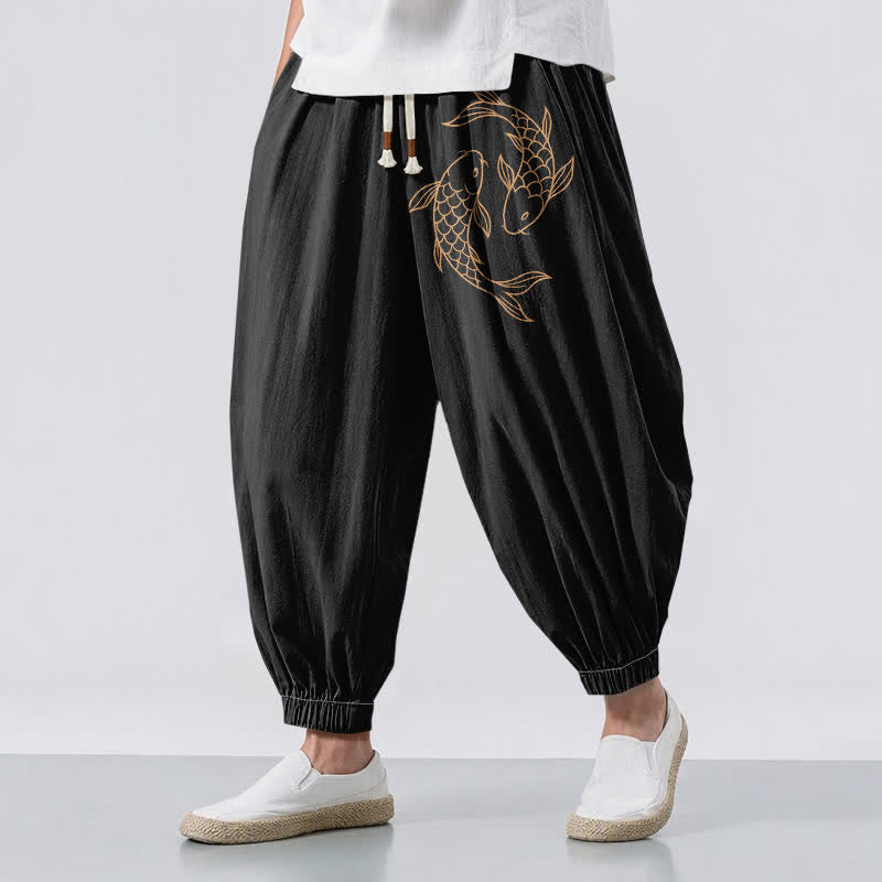 Buddha Stones Pantalon harem pour homme en pur coton avec cordon de serrage et poches, motif double carpe koï. - Noir - US/UK/AU50，EU60 (5XL) - image 0