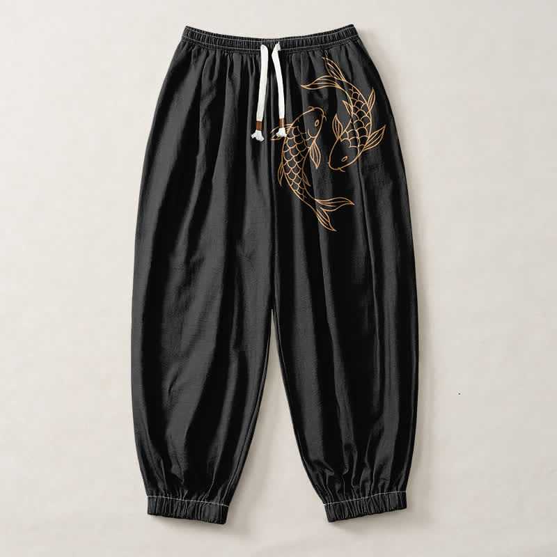Buddha Stones Pantalon harem pour homme en pur coton avec cordon de serrage et poches, motif double carpe koï. - image 1