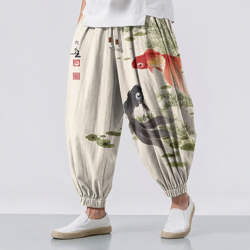 Buddha Stones Pantalon harem pour homme en pur coton avec cordon de serrage et poches, motif feuilles de lotus et carpes koï à l'encre. - Beige - US/UK/AU50，EU60 (5XL) - image 0