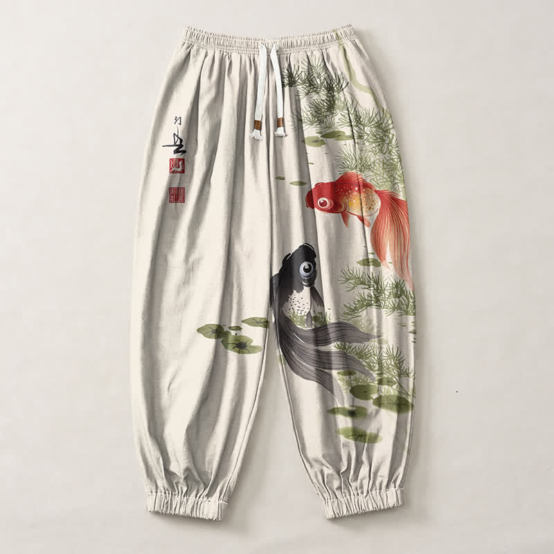 Buddha Stones Pantalon harem pour homme en pur coton avec cordon de serrage et poches, motif feuilles de lotus et carpes koï à l'encre. - image 1