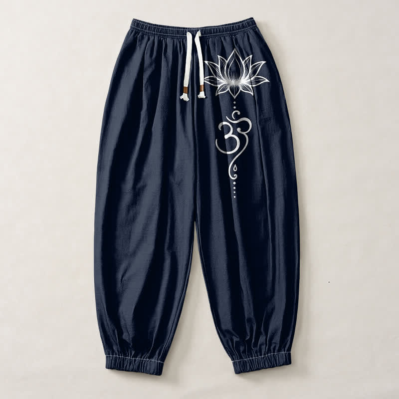Buddha Stones Pantalon harem pour homme en pur coton, motif lotus Om, cordon de serrage et poches - image 1