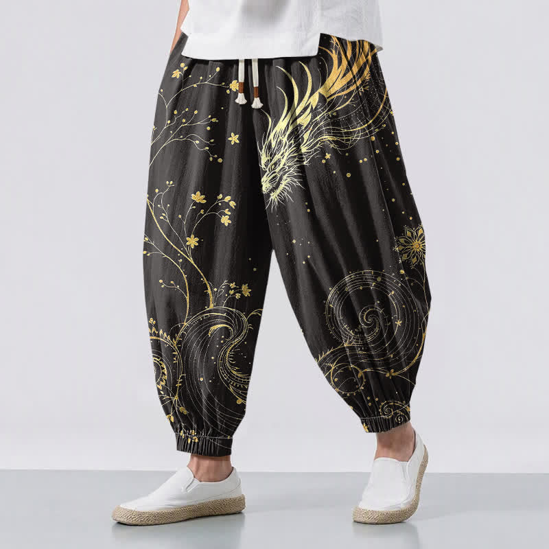 Buddha Stones Pantalon harem pour homme en pur coton avec cordon de serrage, motif nuage de dragon doré et poches - Noir - US/UK/AU50，EU60 (5XL) - image 0