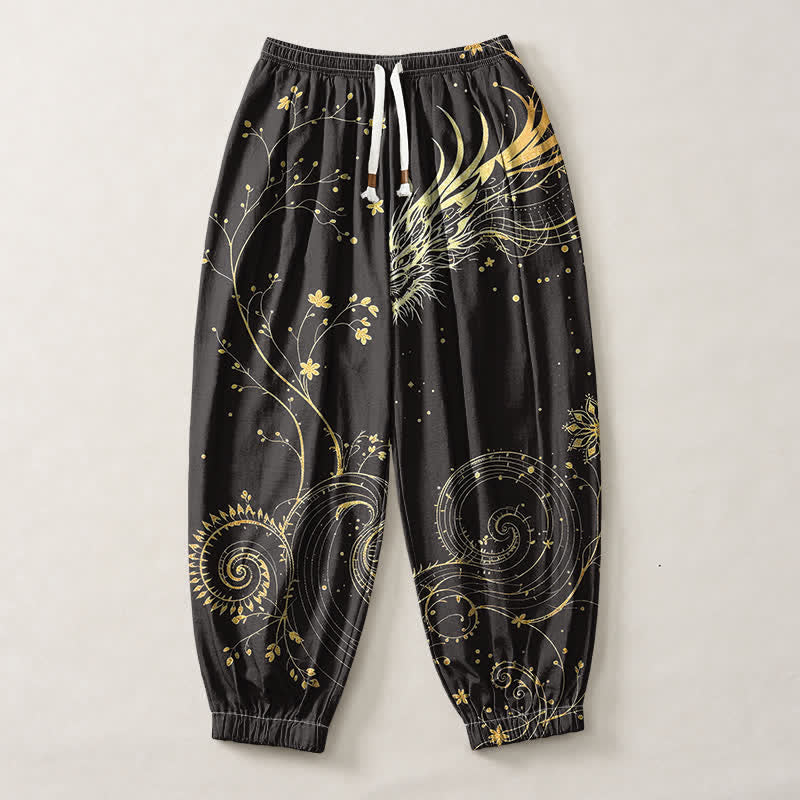 Buddha Stones Pantalon harem pour homme en pur coton avec cordon de serrage, motif nuage de dragon doré et poches - image 1