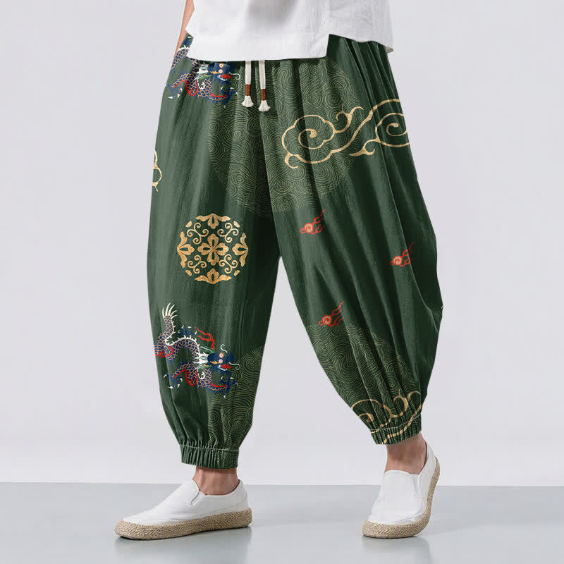 Buddha Stones Pantalon harem pour homme en pur coton avec cordon de serrage et poches, motif médaillon dragon et nuage doré - Vert forêt - US/UK/AU50，EU60 (5XL) - image 0