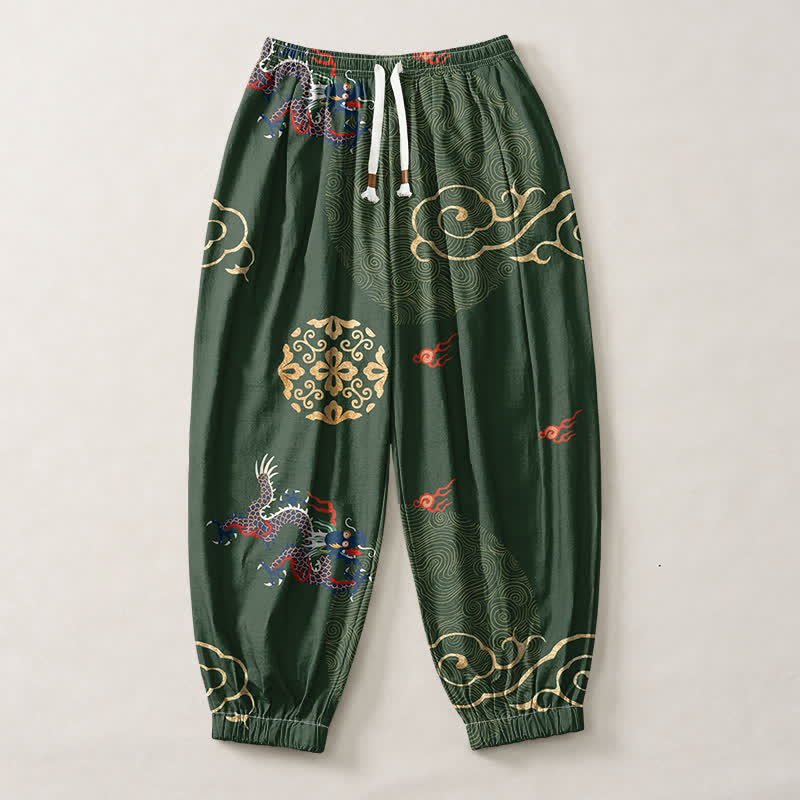 Buddha Stones Pantalon harem pour homme en pur coton avec cordon de serrage et poches, motif médaillon dragon et nuage doré - image 1