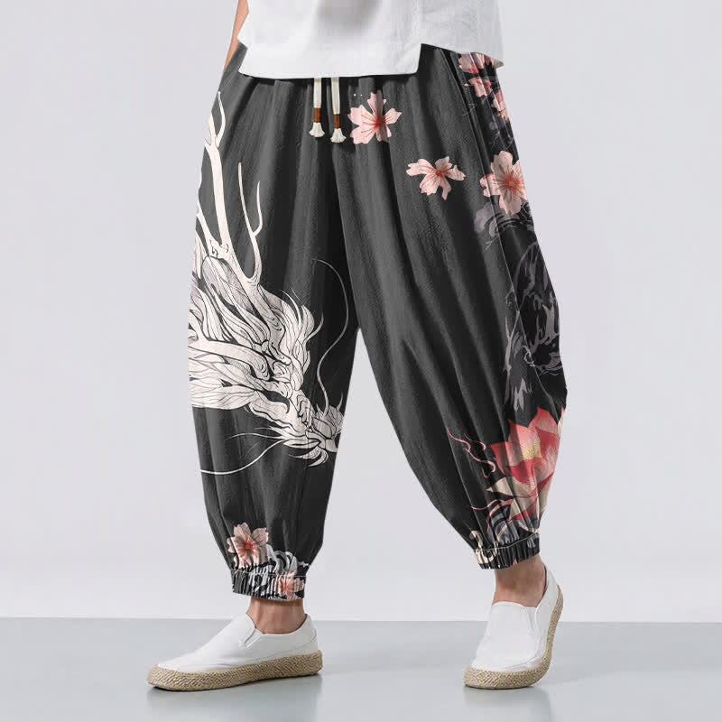 Buddha Stones Pantalon harem pour homme en pur coton, motif dragon, sakura et lotus, avec cordon de serrage et poches. - Noir - US/UK/AU50，EU60 (5XL) - image 0