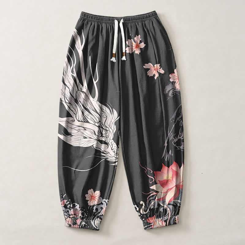 Buddha Stones Pantalon harem pour homme en pur coton, motif dragon, sakura et lotus, avec cordon de serrage et poches. - image 1
