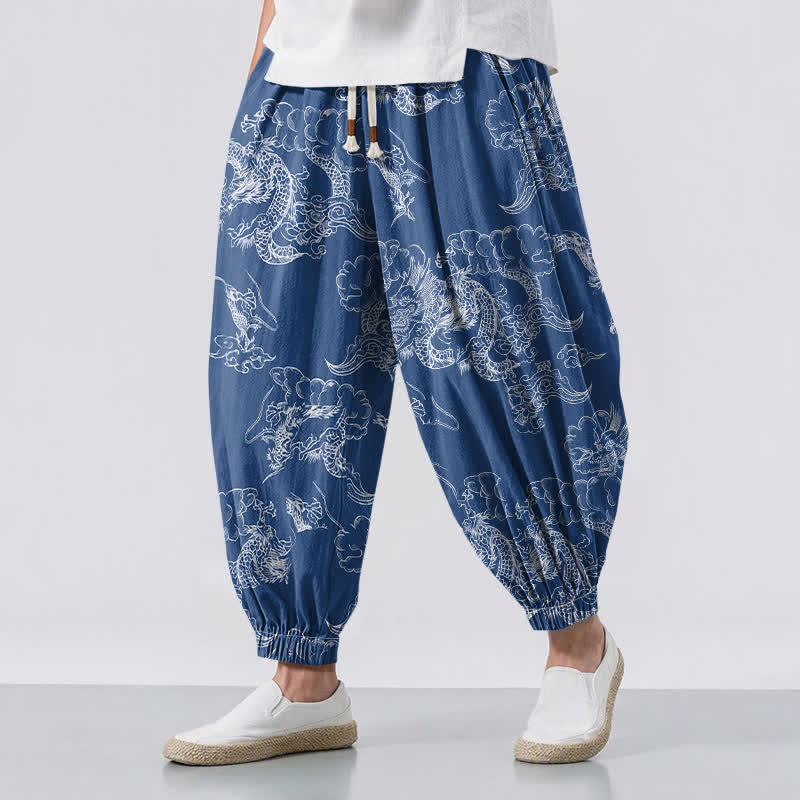 Buddha Stones Pantalon harem pour homme en pur coton blanc à motif nuage de dragon, cordon de serrage et poches - SteelBlue - US/UK/AU50，EU60 (5XL) - image 0
