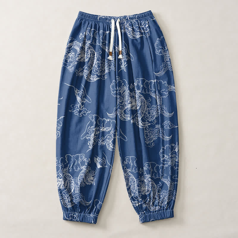 Buddha Stones Pantalon harem pour homme en pur coton blanc à motif nuage de dragon, cordon de serrage et poches - image 1