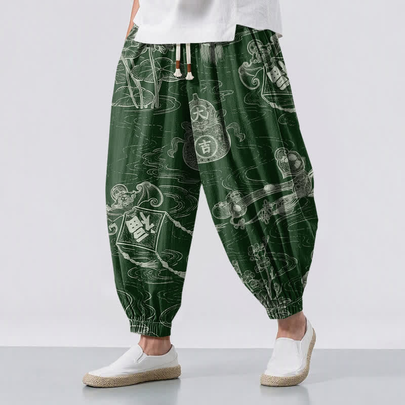 Buddha Stones Pantalon harem pour homme en pur coton avec cordon de serrage et poches, motif nuage porte-bonheur et pièces de monnaie. - Vert forêt - US/UK/AU50，EU60 (5XL) - image 0