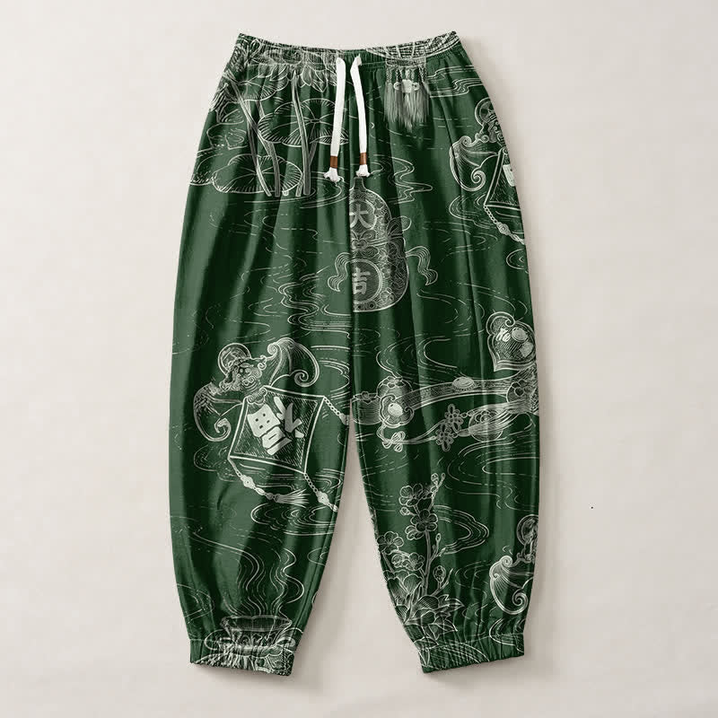 Buddha Stones Pantalon harem pour homme en pur coton avec cordon de serrage et poches, motif nuage porte-bonheur et pièces de monnaie. - image 1