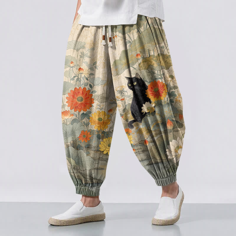 Buddha Stones Pantalon harem pour homme en pur coton, motif floral vintage lotus et chat, cordon de serrage et poches - Beige - US/UK/AU50，EU60 (5XL) - image 0