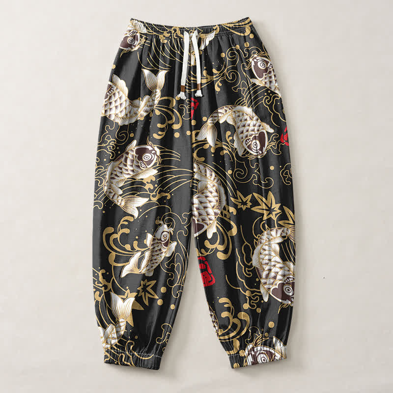 Buddha Stones Pantalon harem pour homme en pur coton avec cordon de serrage et poches, motif vagues et carpes koï. - image 1