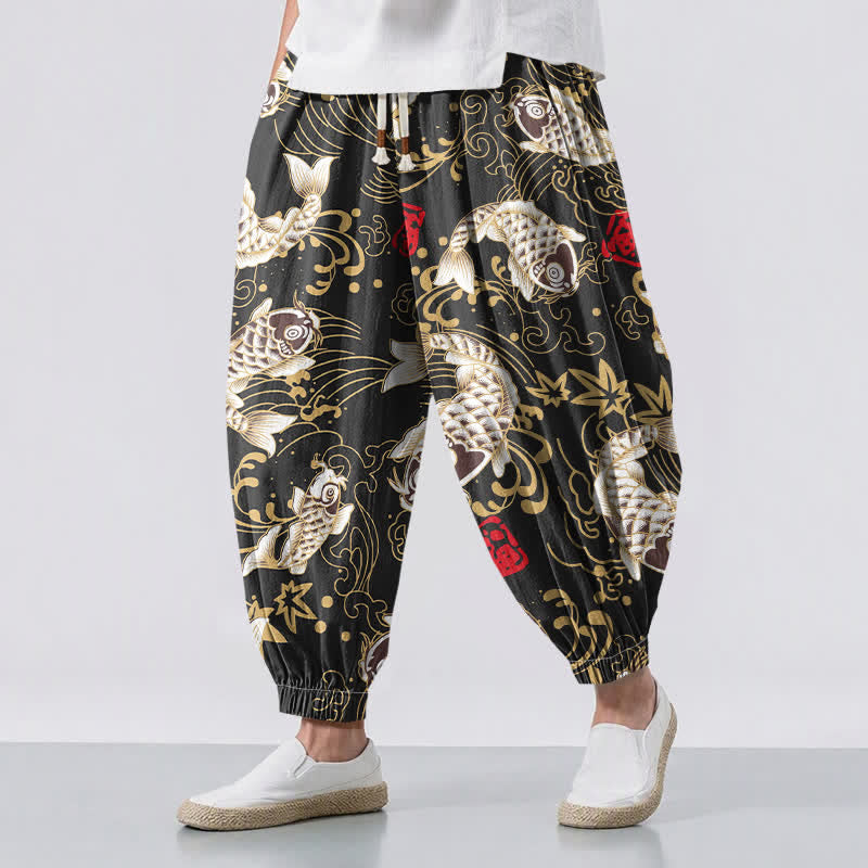 Buddha Stones Pantalon harem pour homme en pur coton avec cordon de serrage et poches, motif vagues et carpes koï. - Noir - US/UK/AU50，EU60 (5XL) - image 0