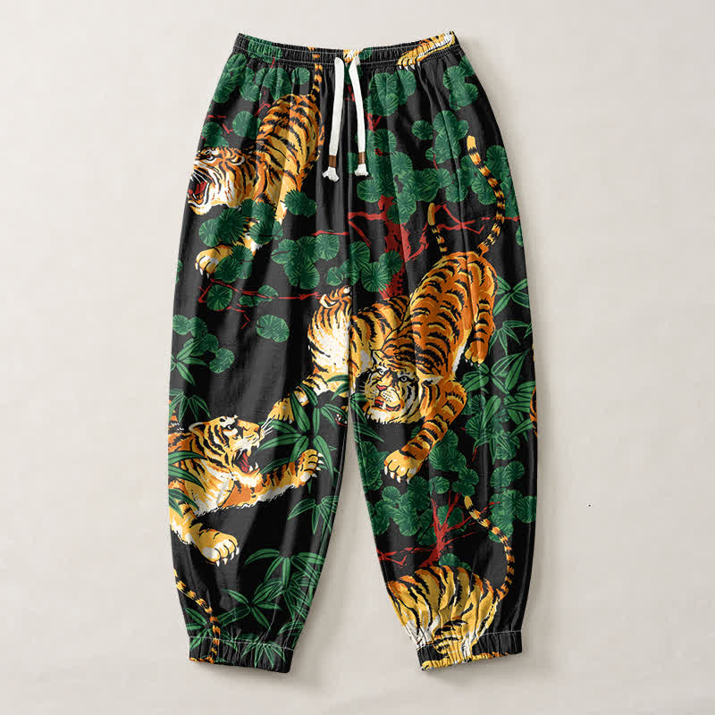 Buddha Stones Pantalon harem pour homme en pur coton, motif tigre et feuilles tropicales, cordon de serrage et poches - image 1