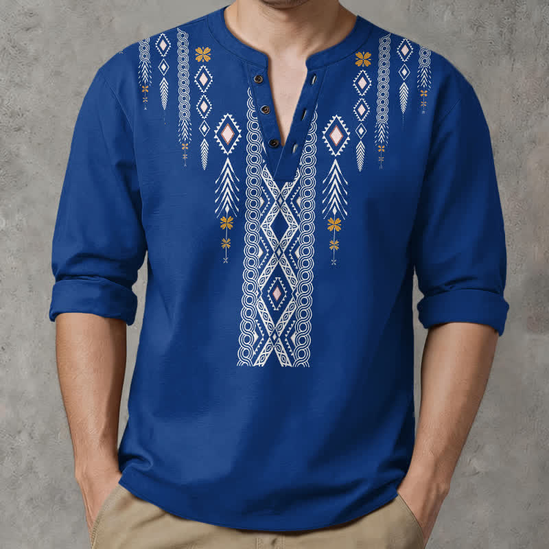 Buddha Stones Chemises à manches longues pour hommes en coton à motif géométrique tribal losange et col en V avec boutons - image 1