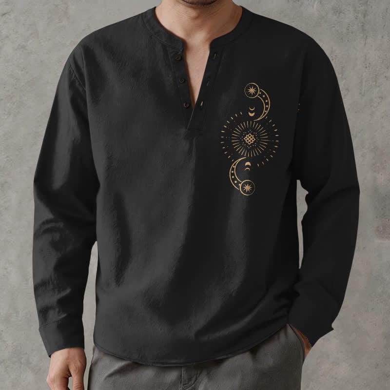 Buddha Stones Chemises à manches longues pour hommes en coton à motif céleste soleil et lune, col en V et boutons - image 1