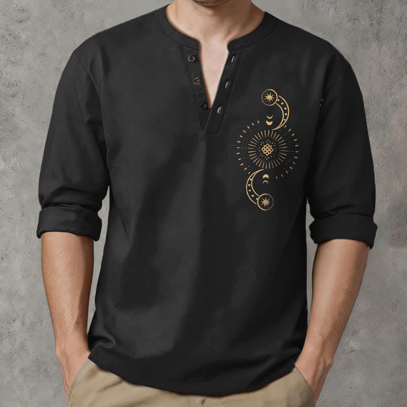 Buddha Stones Chemises à manches longues pour hommes en coton à motif céleste soleil et lune, col en V et boutons - Noir - US/UK/AU48，EU58 (4XL) - image 0