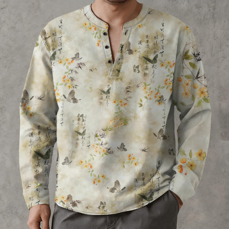 Buddha Stones Chemises à manches longues pour hommes en coton avec motif floral papillon calligraphique et col en V. - Lin - US/UK/AU48，EU58 (4XL) - image 0