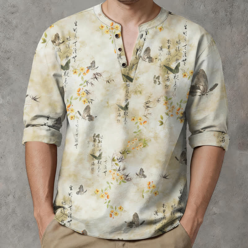 Buddha Stones Chemises à manches longues pour hommes en coton avec motif floral papillon calligraphique et col en V. - image 1