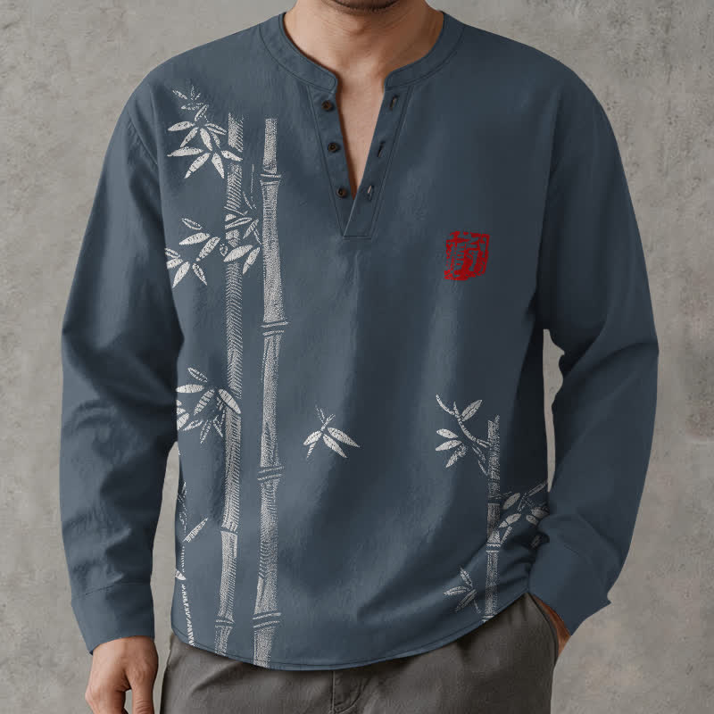 Buddha Stones Chemises à manches longues pour hommes en coton blanc à motif bambou et col en V avec boutons - image 1