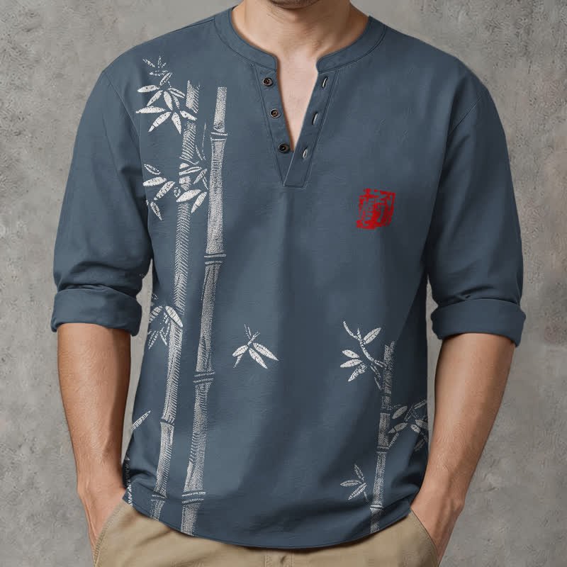 Buddha Stones Chemises à manches longues pour hommes en coton blanc à motif bambou et col en V avec boutons - SteelBlue - US/UK/AU48，EU58 (4XL) - image 0
