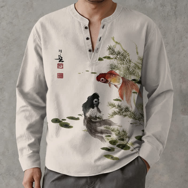 Buddha Stones Chemises à manches longues pour hommes en coton, à col en V, motif carpes koï, feuilles de lotus et encre. - Lin - US/UK/AU48，EU58 (4XL) - image 0
