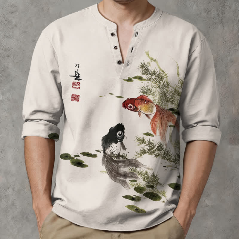 Buddha Stones Chemises à manches longues pour hommes en coton, à col en V, motif carpes koï, feuilles de lotus et encre. - image 1