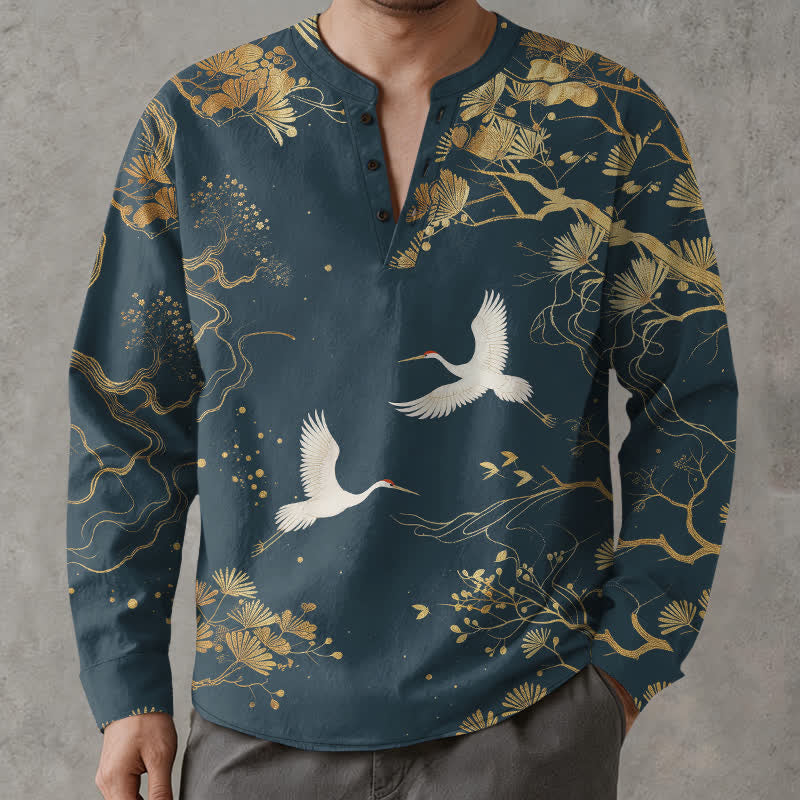 Buddha Stones Chemises à manches longues pour hommes en coton à motif de grues et de branches florales, col en V et boutons - image 1