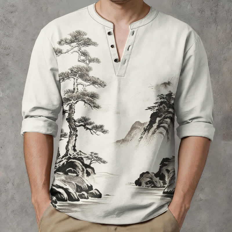 Buddha Stones Chemises à manches longues pour hommes, col en V, motif paysage de pins et montagnes, encre coton - image 1