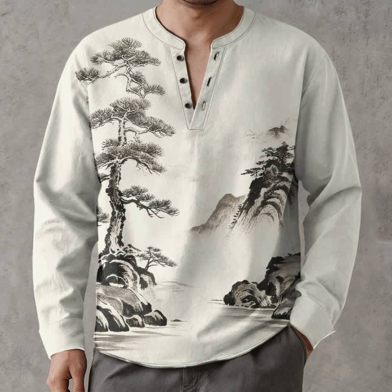 Buddha Stones Chemises à manches longues pour hommes, col en V, motif paysage de pins et montagnes, encre coton - Beige - US/UK/AU48，EU58 (4XL) - image 0