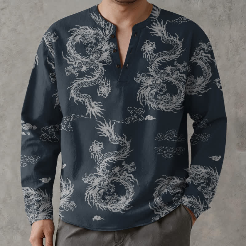 Buddha Stones Chemises à manches longues pour hommes en coton blanc oriental à motif de nuage de dragon, col en V et boutons - image 1