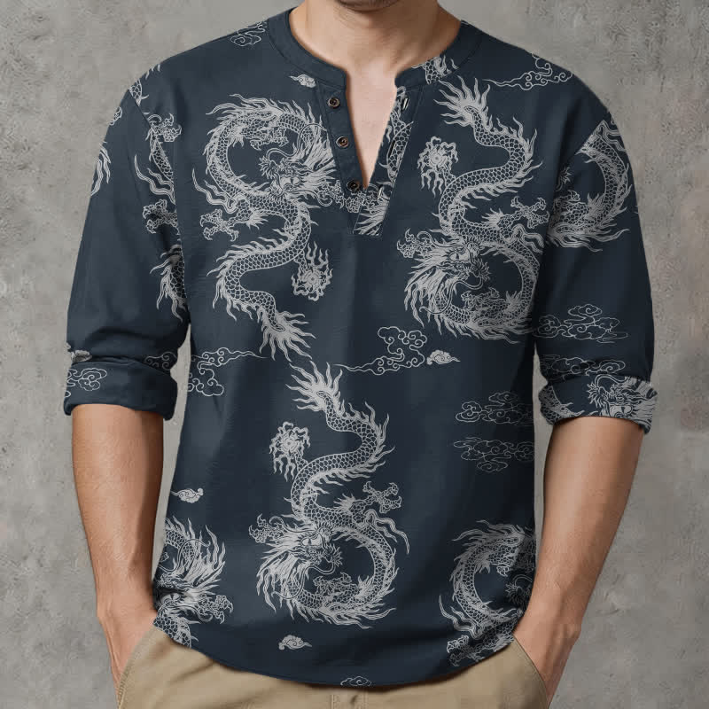 Buddha Stones Chemises à manches longues pour hommes en coton blanc oriental à motif de nuage de dragon, col en V et boutons - Marine - US/UK/AU48，EU58 (4XL) - image 0