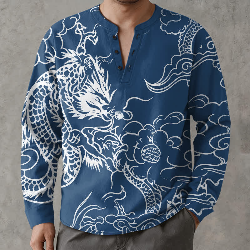 Buddha Stones Chemises à manches longues pour hommes en coton à motif de dragons et nuages ​​chinois, col en V et boutons - Bleu royal - US/UK/AU48，EU58 (4XL) - image 0