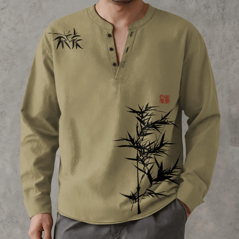 Buddha Stones Chemises à manches longues pour hommes, col en V, boutons, encre de coton, motif bambou - image 1