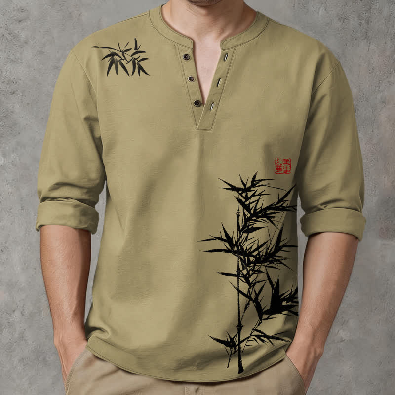 Buddha Stones Chemises à manches longues pour hommes, col en V, boutons, encre de coton, motif bambou - DarkKhaki - US/UK/AU48，EU58 (4XL) - image 0
