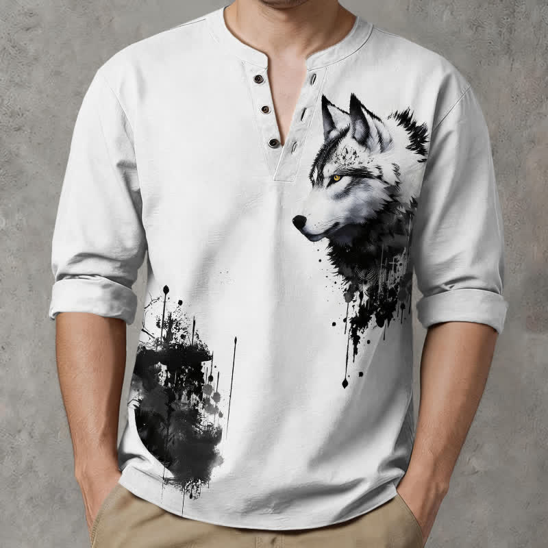 Buddha Stones Chemises à manches longues pour hommes, col en V, motif tête de loup, en coton encre - WhiteSmoke - US/UK/AU48，EU58 (4XL) - image 0