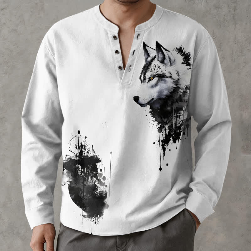 Buddha Stones Chemises à manches longues pour hommes, col en V, motif tête de loup, en coton encre - image 1