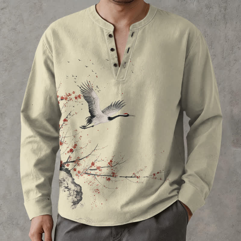 Buddha Stones Chemises à manches longues pour hommes, col en V, motif fleurs de grue, encre de coton - Lin - US/UK/AU48，EU58 (4XL) - image 0