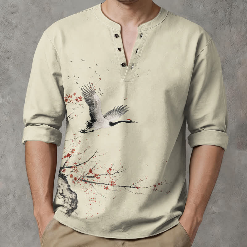 Buddha Stones Chemises à manches longues pour hommes, col en V, motif fleurs de grue, encre de coton - image 1